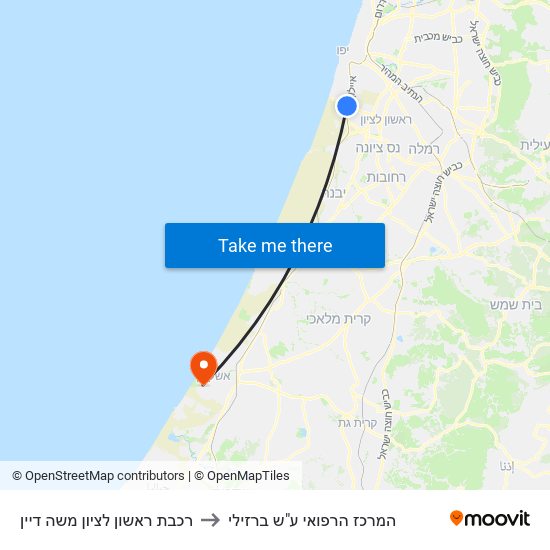 רכבת ראשון לציון משה דיין to המרכז הרפואי ע"ש ברזילי map