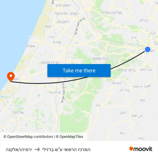 ירמיהו/אלקנה to המרכז הרפואי ע"ש ברזילי map