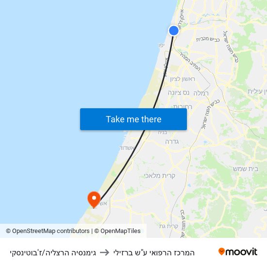 גימנסיה הרצליה/ז'בוטינסקי to המרכז הרפואי ע"ש ברזילי map