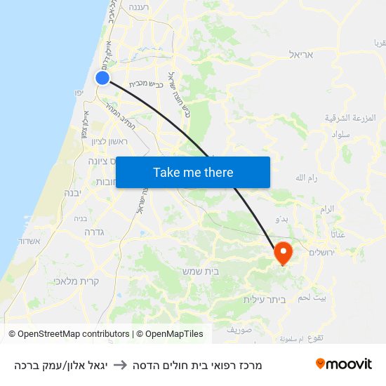 יגאל אלון/עמק ברכה to מרכז רפואי בית חולים הדסה map