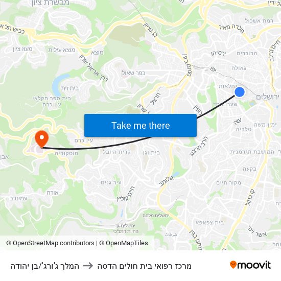 המלך ג'ורג'/בן יהודה to מרכז רפואי בית חולים הדסה map