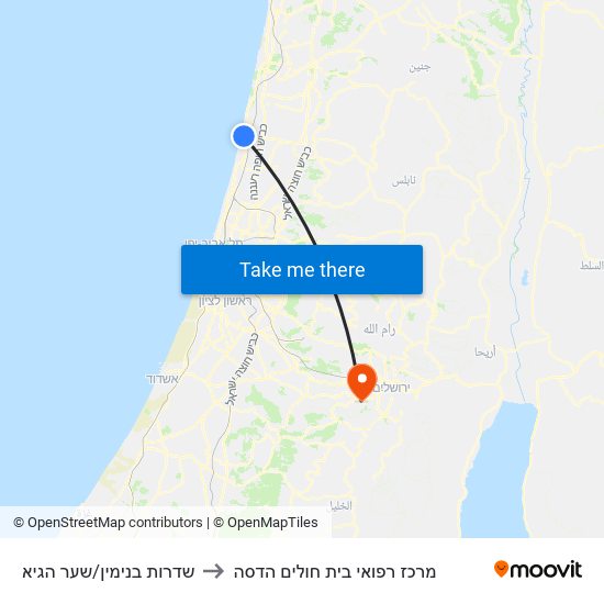 שדרות בנימין/שער הגיא to מרכז רפואי בית חולים הדסה map