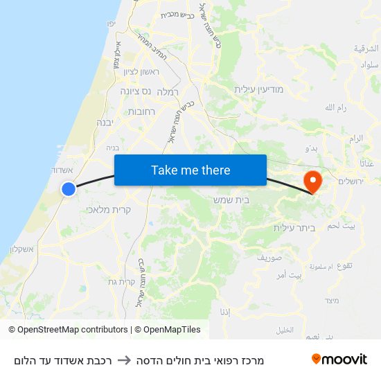 רכבת אשדוד עד הלום to מרכז רפואי בית חולים הדסה map
