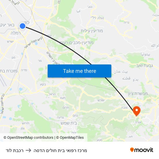 רכבת לוד to מרכז רפואי בית חולים הדסה map