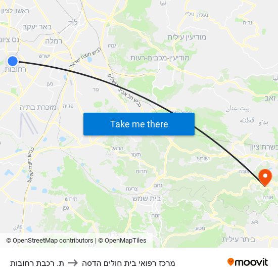 ת. רכבת רחובות to מרכז רפואי בית חולים הדסה map