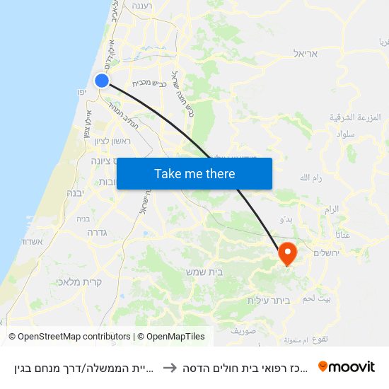 קריית הממשלה/דרך מנחם בגין to מרכז רפואי בית חולים הדסה map