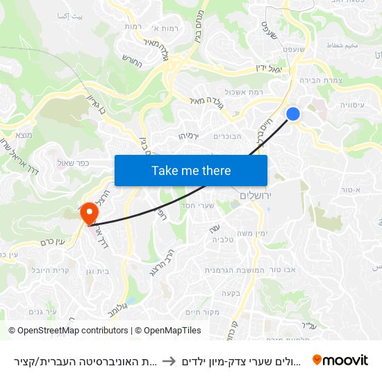 שדרות האוניברסיטה העברית/קציר to בית חולים שערי צדק-מיון ילדים map