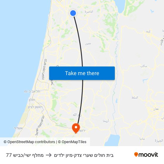 מחלף ישי/כביש 77 to בית חולים שערי צדק-מיון ילדים map