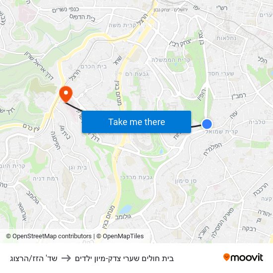 שד' הזז/הרצוג to בית חולים שערי צדק-מיון ילדים map