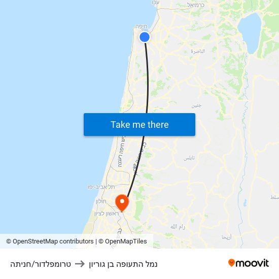 טרומפלדור/חניתה to נמל התעופה בן גוריון map