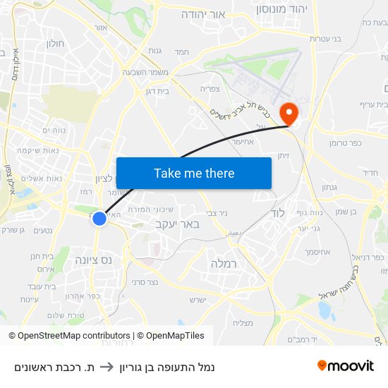 ת. רכבת ראשונים to נמל התעופה בן גוריון map