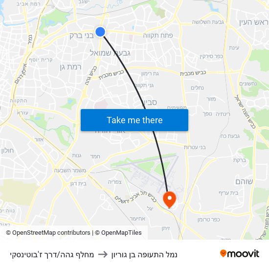 מחלף גהה/דרך ז'בוטינסקי to נמל התעופה בן גוריון map