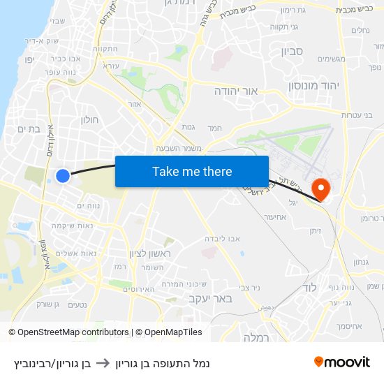 בן גוריון/רבינוביץ to נמל התעופה בן גוריון map