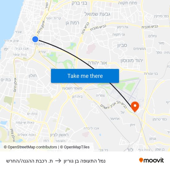 ת. רכבת ההגנה/החרש to נמל התעופה בן גוריון map