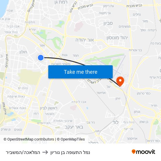 המלאכה/המשביר to נמל התעופה בן גוריון map