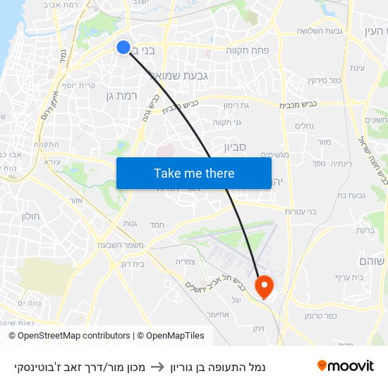 מכון מור/דרך זאב ז'בוטינסקי to נמל התעופה בן גוריון map