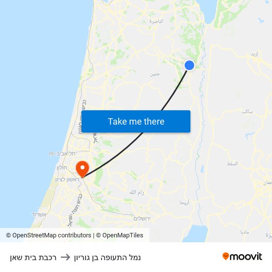 רכבת בית שאן to נמל התעופה בן גוריון map