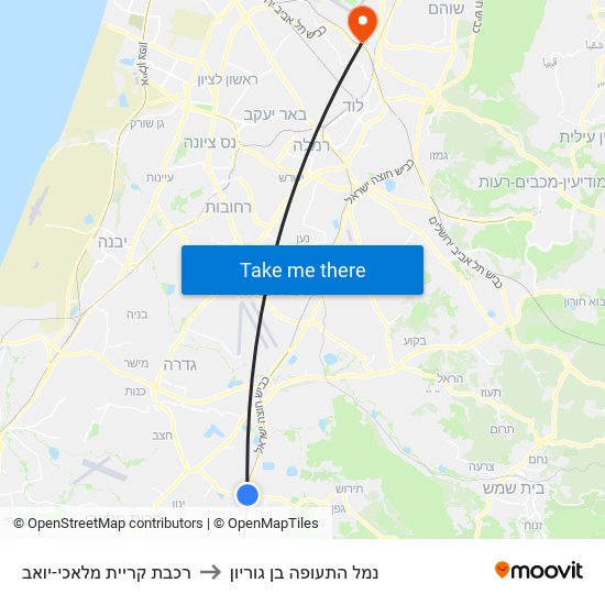 רכבת קריית מלאכי-יואב to נמל התעופה בן גוריון map