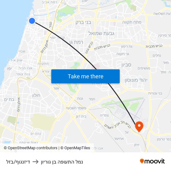 דיזנגוף/בזל to נמל התעופה בן גוריון map