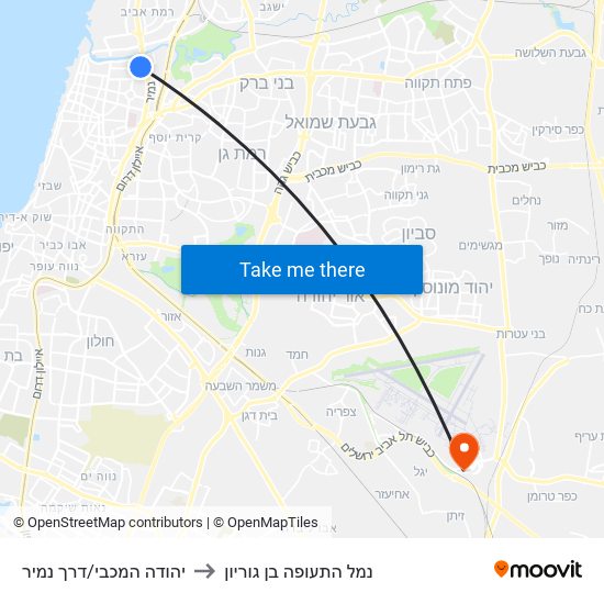 יהודה המכבי/דרך נמיר to נמל התעופה בן גוריון map