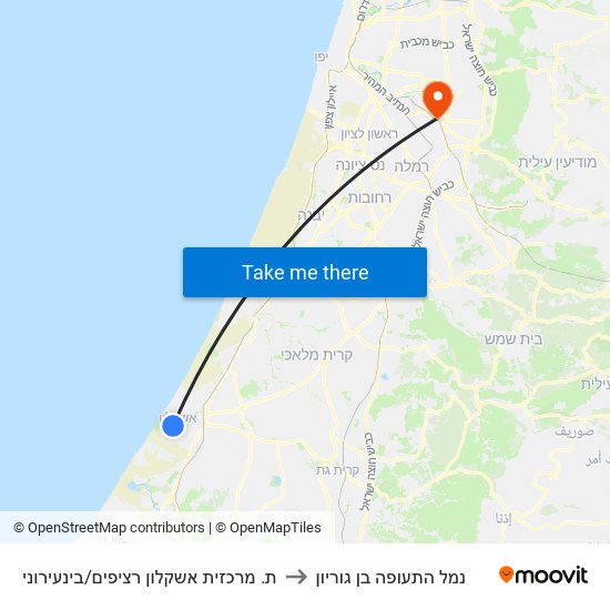 ת. מרכזית אשקלון רציפים/בינעירוני to נמל התעופה בן גוריון map