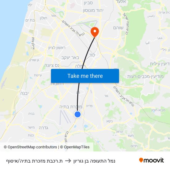 ת.רכבת מזכרת בתיה/איסוף to נמל התעופה בן גוריון map