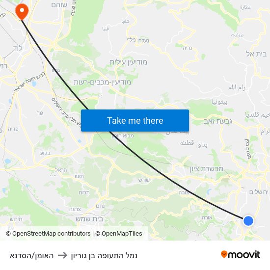 האומן/הסדנא to נמל התעופה בן גוריון map