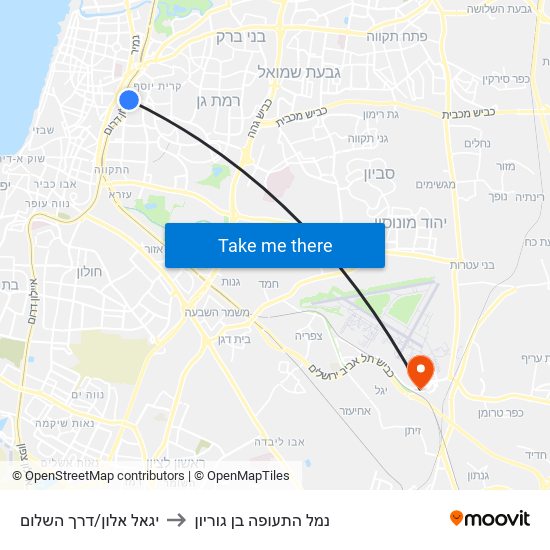 יגאל אלון/דרך השלום to נמל התעופה בן גוריון map