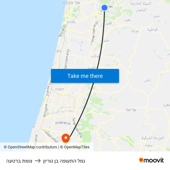 צומת ברטעה to נמל התעופה בן גוריון map
