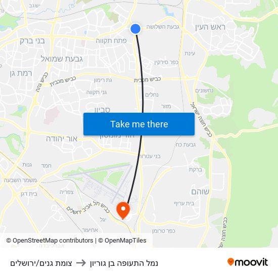 צומת גנים/ירושלים to נמל התעופה בן גוריון map