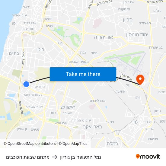 מתחם שבעת הכוכבים to נמל התעופה בן גוריון map