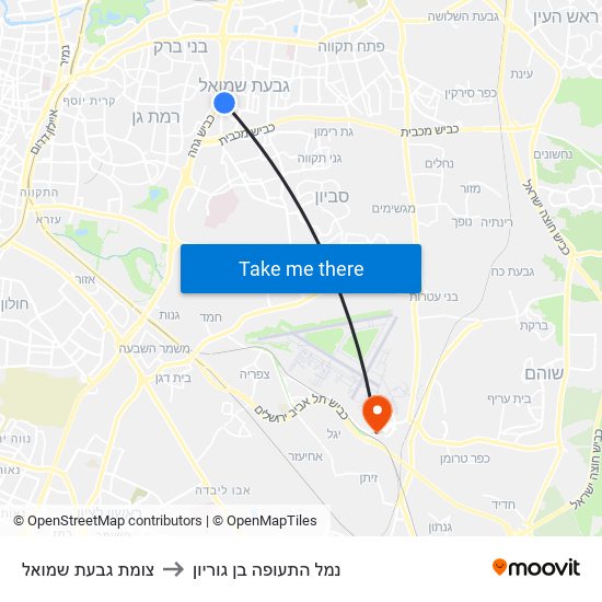 צומת גבעת שמואל to נמל התעופה בן גוריון map