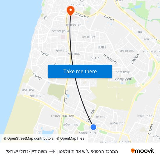 משה דיין/גדולי ישראל to המרכז הרפואי ע"ש אדית וולפסון map