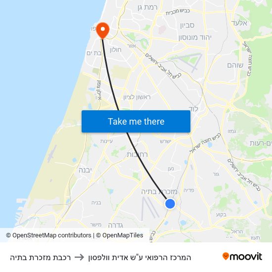 רכבת מזכרת בתיה to המרכז הרפואי ע"ש אדית וולפסון map