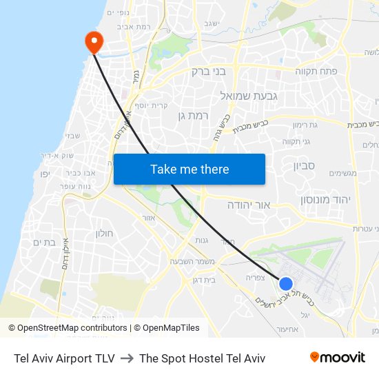 Tel Aviv Airport TLV to The Spot Hostel Tel Aviv map
