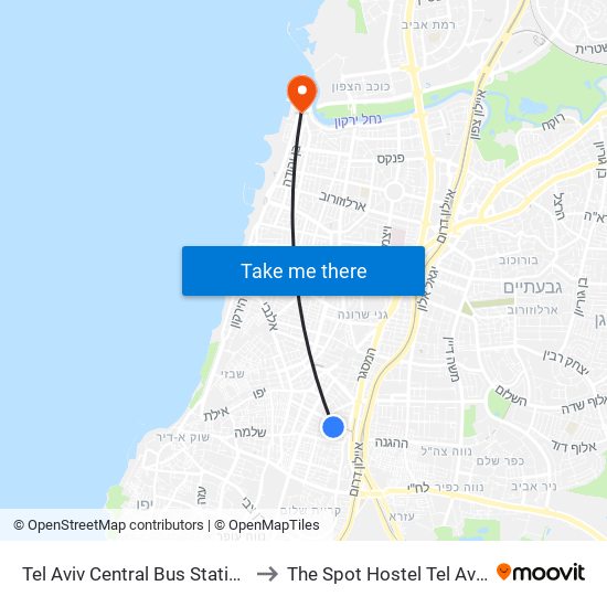 Tel Aviv Central Bus Station to The Spot Hostel Tel Aviv map