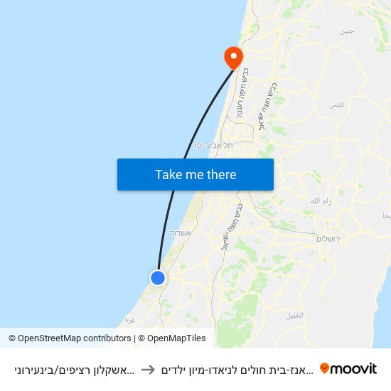 ת. מרכזית אשקלון רציפים/בינעירוני to מרכז רפואי צאנז-בית חולים לניאדו-מיון ילדים map