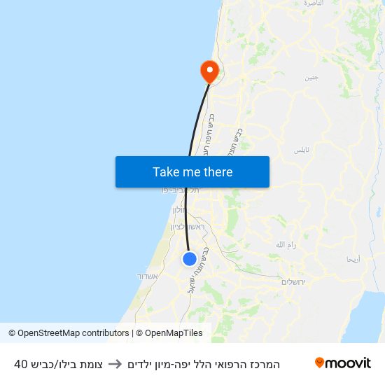 צומת בילו/כביש 40 to המרכז הרפואי הלל יפה-מיון ילדים map