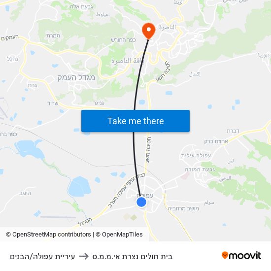 עיריית עפולה/הבנים to בית חולים נצרת אי.מ.מ.ס map