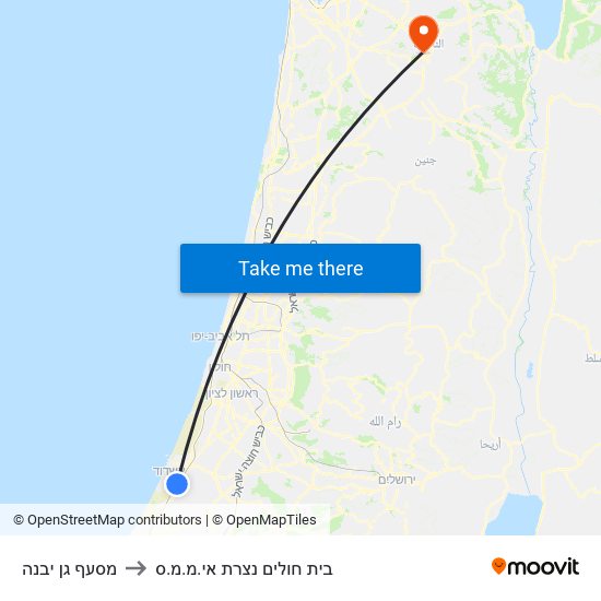 מסעף גן יבנה to בית חולים נצרת אי.מ.מ.ס map