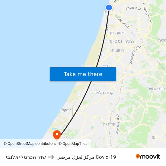 שוק הכרמל/אלנבי to مركز لعزل مرضى Covid-19 map