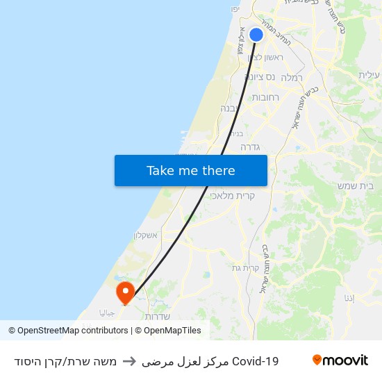 משה שרת/קרן היסוד to مركز لعزل مرضى Covid-19 map