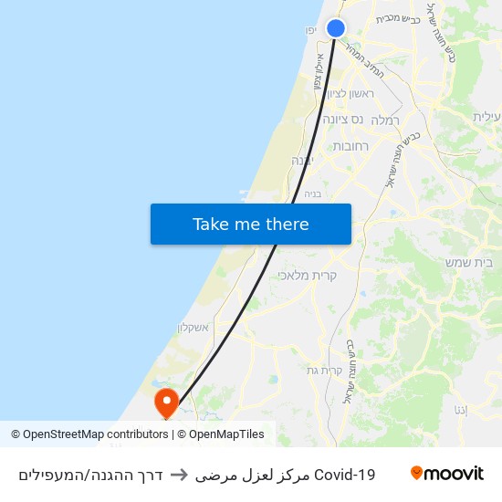 דרך ההגנה/המעפילים to مركز لعزل مرضى Covid-19 map