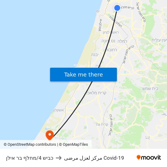 כביש 4/מחלף בר אילן to مركز لعزل مرضى Covid-19 map