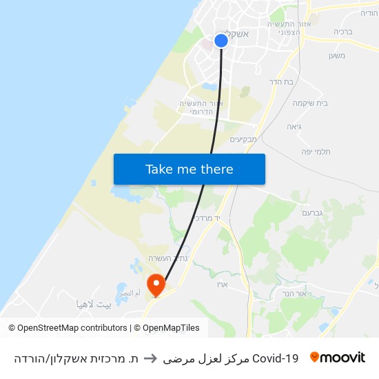 ת. מרכזית אשקלון/הורדה to مركز لعزل مرضى Covid-19 map