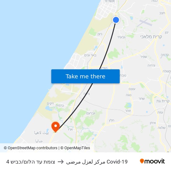 צומת עד הלום/כביש 4 to مركز لعزل مرضى Covid-19 map