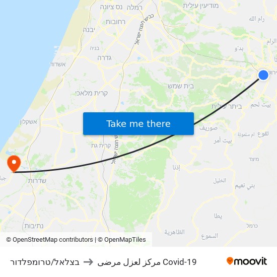 בצלאל/טרומפלדור to مركز لعزل مرضى Covid-19 map