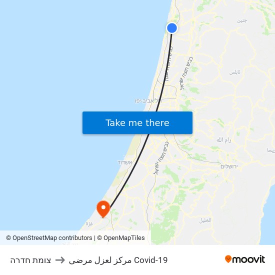 צומת חדרה to مركز لعزل مرضى Covid-19 map