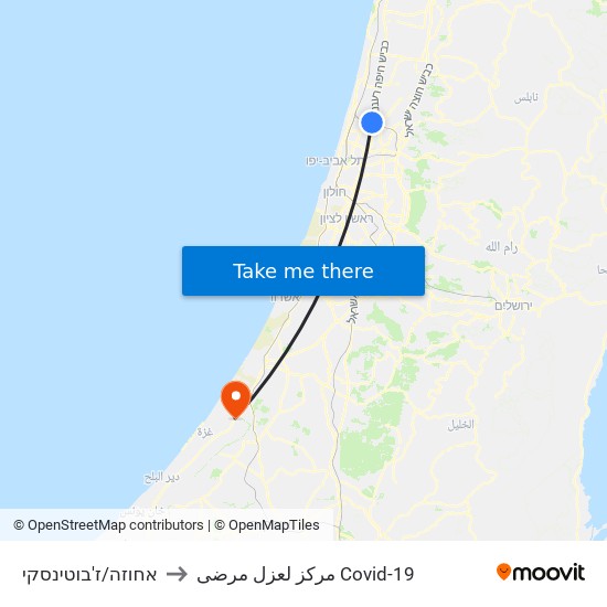 אחוזה/ז'בוטינסקי to مركز لعزل مرضى Covid-19 map