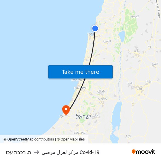 ת. רכבת עכו to مركز لعزل مرضى Covid-19 map